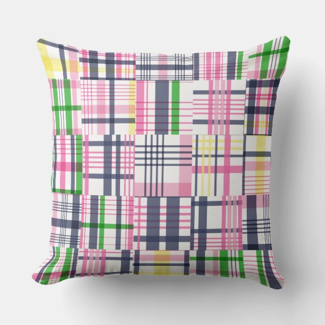 Summer Pink Madras Plaid Throw Pillow (Front)