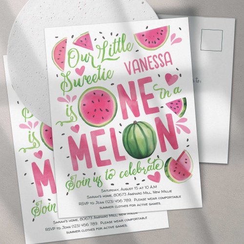 Summer Pink One in a Melon Cute Watermelon 1st  Invitation Postcard