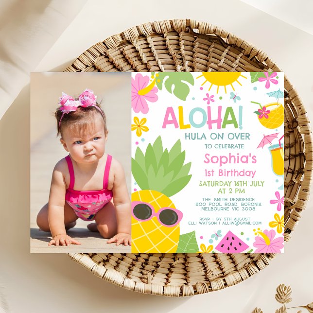 Summer Pink Photo Pineapple Aloha 1st Birthday Invitation (Aloha Birthday Invitation Template For Girl, Pineapple Birthday Invitation, Hawaiian Theme Party)