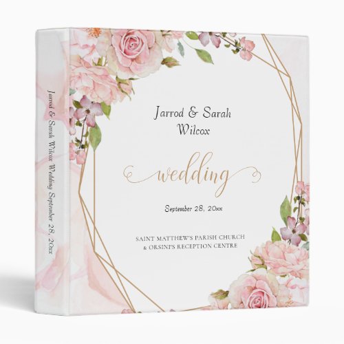 Summer Pink Rose and Gold Wedding Photo 3 Ring Binder