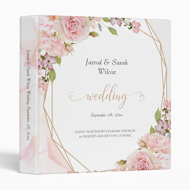 Summer Pink Rose and Gold Wedding Photo 3 Ring Binder | Zazzle
