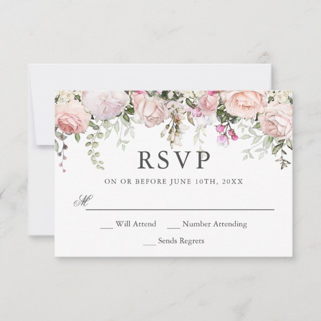 Summer Pink Roses Floral Wedding RSVP (Front)