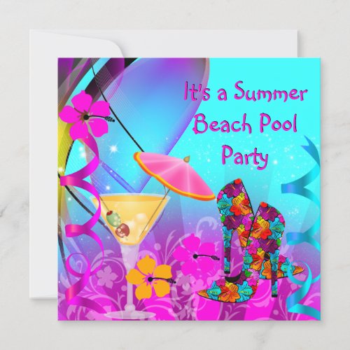 Summer Pink Teal Beach Cocktail Party Invitation