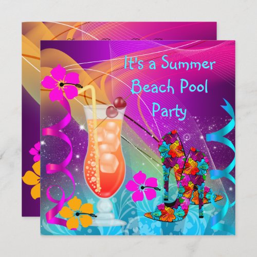 Summer Pink Teal Beach Pool Cocktail Party 3 Invitation