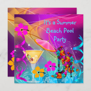 Summer Pink Teal Beach Pool Cocktail Party Invitation
