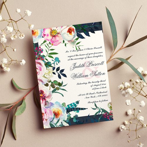 Summer pink teal lilac watercolor floral wedding invitation