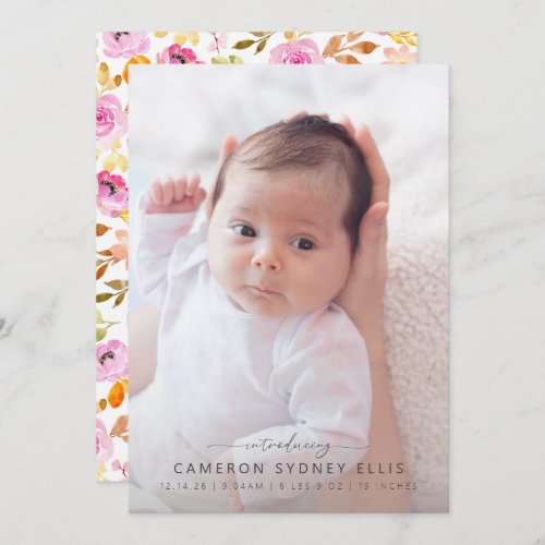 Summer Pink Watercolor Floral Baby Photo Birth  An Announcement
