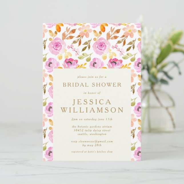 Summer Pink Watercolor Floral Bridal Shower  Invitation (Standing Front)