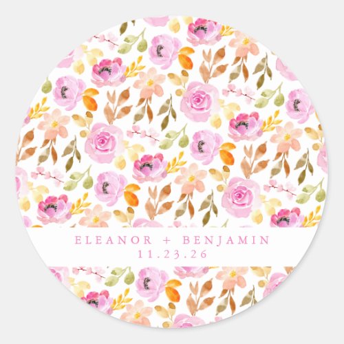 Summer Pink Watercolor Floral Custom Wedding Classic Round Sticker