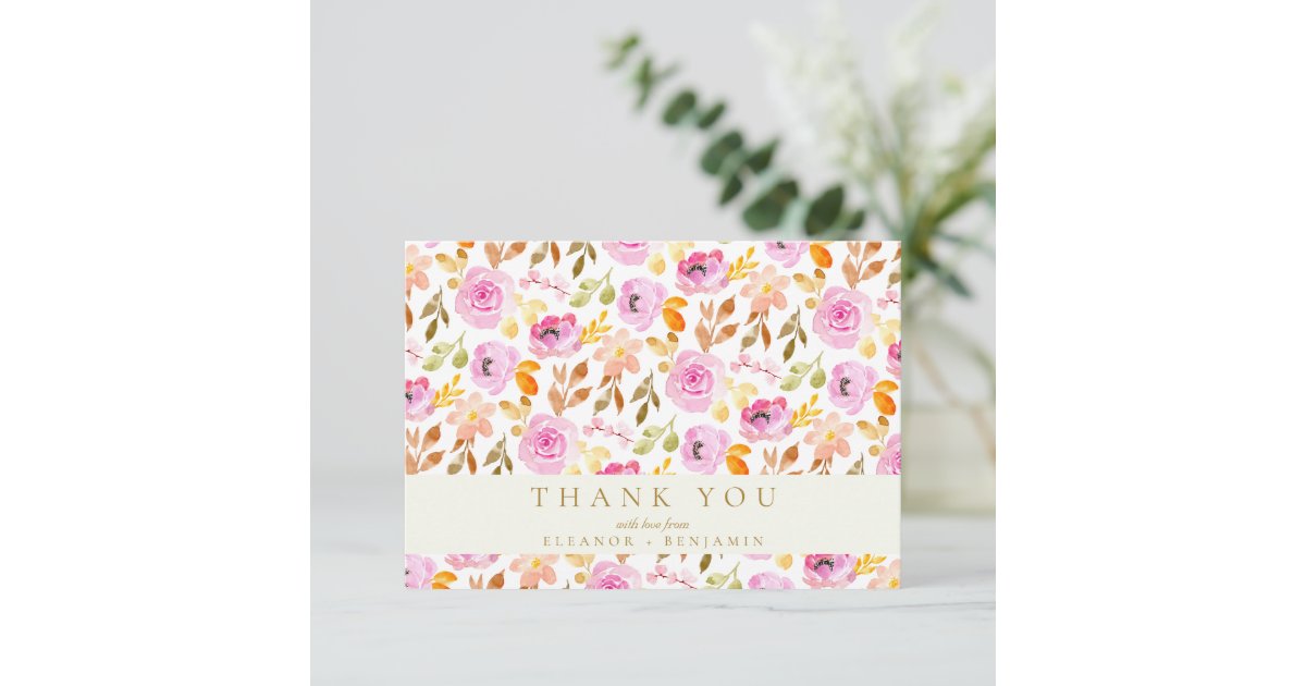 Summer Pink Watercolor Floral Custom Wedding Thank You Card | Zazzle