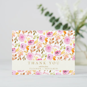Summer Pink Watercolor Floral Custom Wedding Thank You Card
