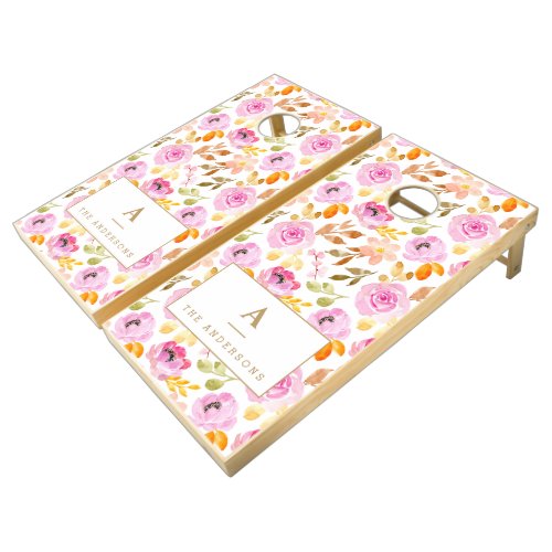 Summer Pink Watercolor Floral Family Monogram Cornhole Set