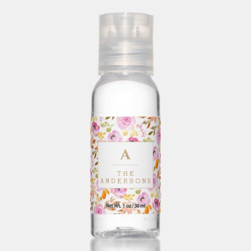 Summer Pink Watercolor Floral Family Monogram Hand Sanitizer