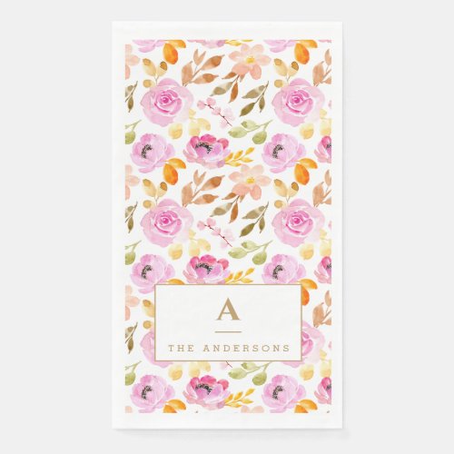 Summer Pink Watercolor Floral Family Monogram  Paper Guest Towels