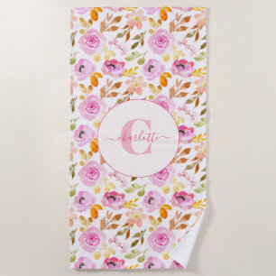 Summer Pink Watercolor Floral Monogram and Name Beach Towel