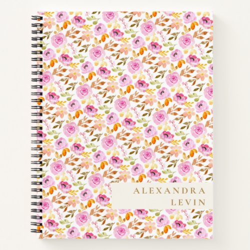 Summer Pink Watercolor Floral Personalized Name  Notebook