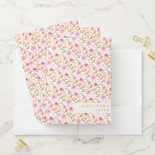 Summer Pink Watercolor Floral Personalized Name   Pocket Folder