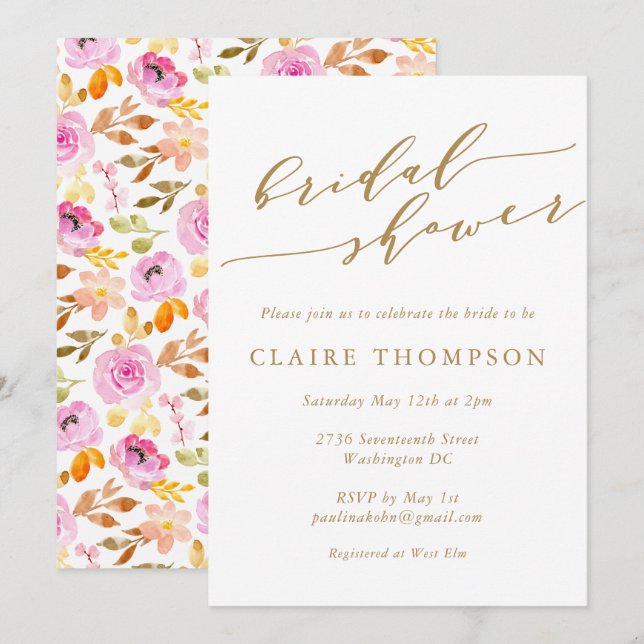 Summer Pink Watercolor Floral Script Bridal Shower Invitation (Front/Back)
