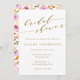 Summer Pink Watercolor Floral Script Bridal Shower Invitation