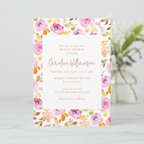 Summer Pink Watercolor Garden Floral Bridal Shower Invitation