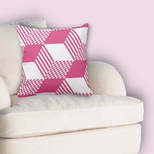 Summer Pink & White Stripe Diamond Checker Pattern Throw Pillow