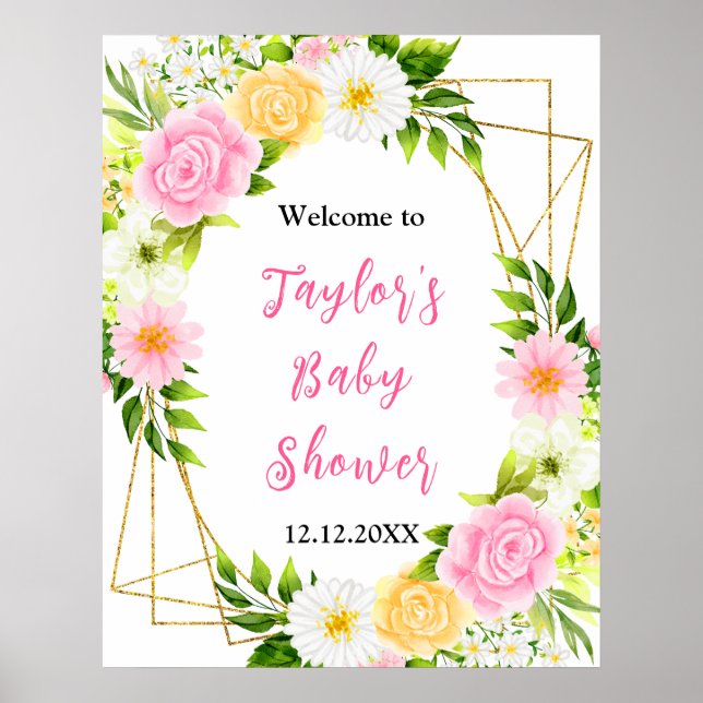 Summer Pink Yellow Floral Baby Shower Welcome Sign (Front)