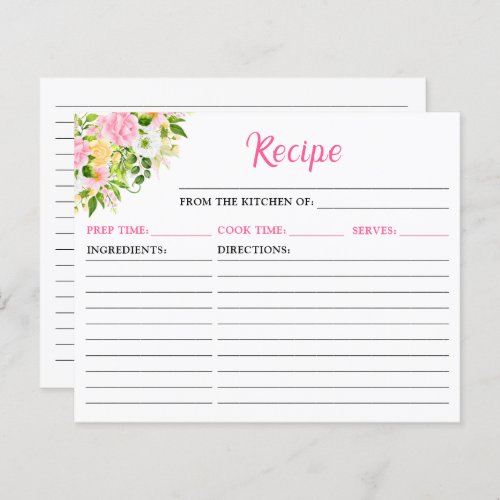 Summer Pink Yellow Floral Recipe Card