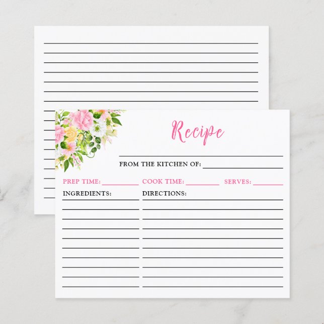 Summer Pink Yellow Floral Recipe Card (Front/Back)