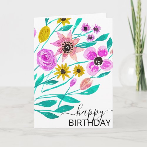Summer Pink Yellow Floral Watercolor Birthday Card