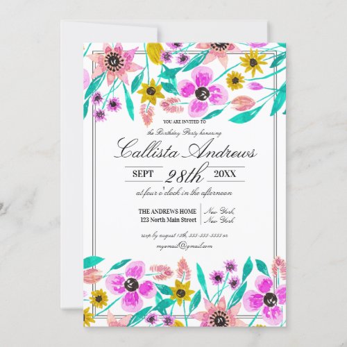 Summer Pink Yellow Floral Watercolor Birthday Invitation