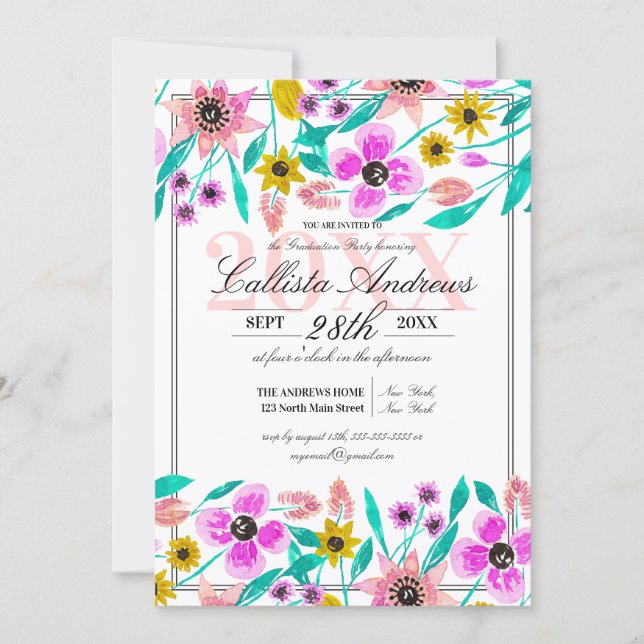Summer Pink Yellow Floral Watercolor Graduation Invitation (Front)