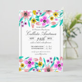 Summer Pink Yellow Floral Watercolor Graduation Invitation (Standing Front)