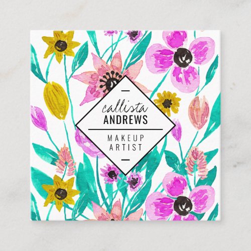 Summer Pink Yellow Floral Watercolor Makeup Square Business Card