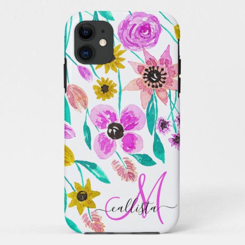 Summer Pink Yellow Floral Watercolor Monogram iPhone 11 Case