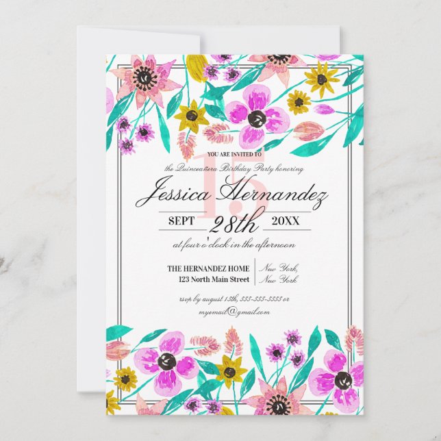 Summer Pink Yellow Floral Watercolor Quinceañera Invitation (Front)