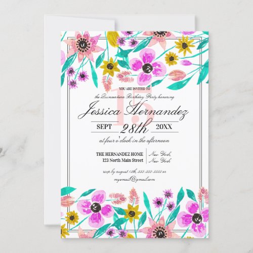 Summer Pink Yellow Floral Watercolor Quinceaera Invitation