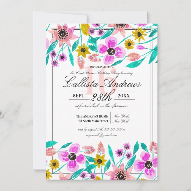 Summer Pink Yellow Floral Watercolor Sweet 16 Invitation (Front)