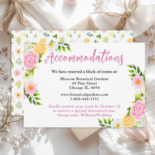 Summer Pink Yellow Floral Wedding Accommodations Enclosure Card