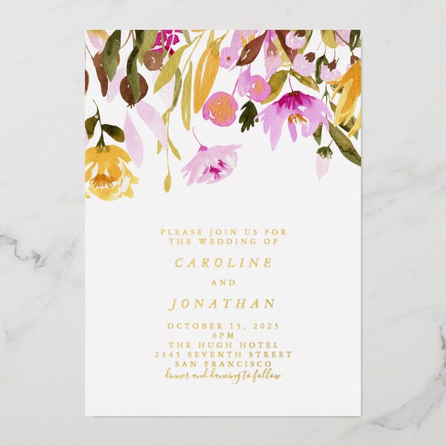 Summer Pink Yellow Floral Wedding Gold Foil Invitation (Front)