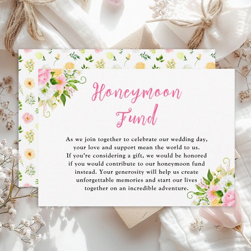 Summer Pink Yellow Floral Wedding Honeymoon Fund Enclosure Card