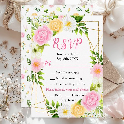 Summer Pink Yellow Floral Wedding Meal Choice RSVP Card