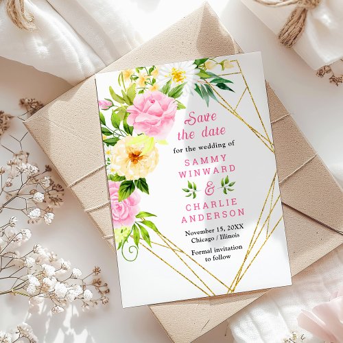 Summer Pink Yellow Floral Wedding Save The Date Postcard