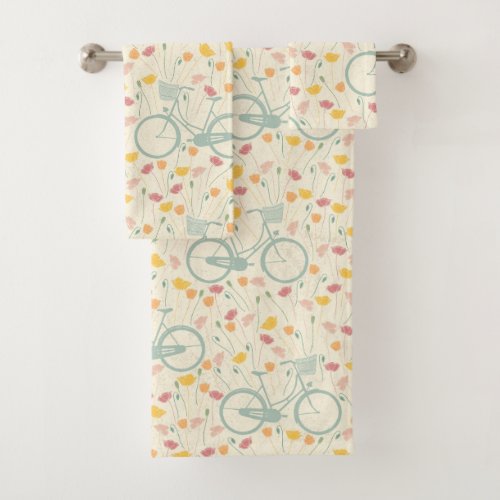 Summer Pink Yellow Flowers Blue Bicycle Pattern Bath Towel Set