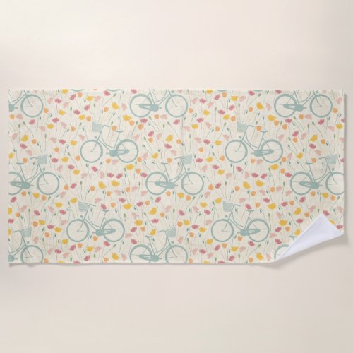 Summer Pink Yellow Flowers Blue Bicycle Pattern Beach Towel