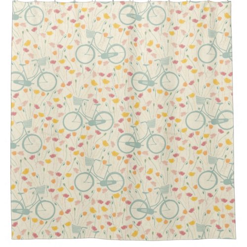 Summer Pink Yellow Flowers Blue Bicycle Pattern Shower Curtain