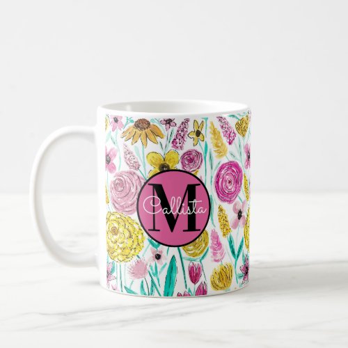 Summer Pink Yellow Flowers Watercolor Monogram Coffee Mug