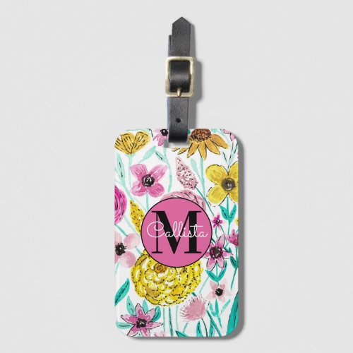 Summer Pink Yellow Flowers Watercolor Monogram Luggage Tag