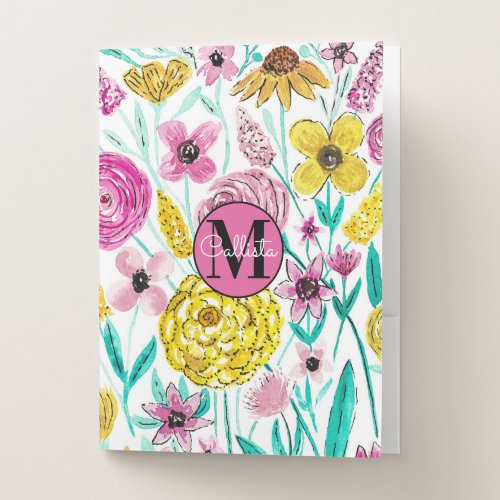 Summer Pink Yellow Flowers Watercolor Monogram Pocket Folder