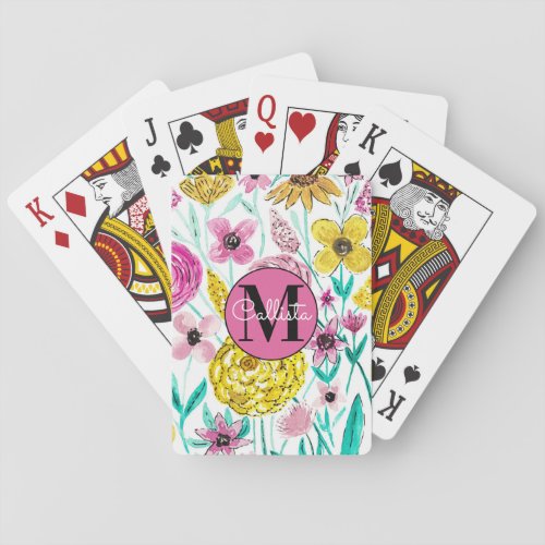 Summer Pink Yellow Flowers Watercolor Monogram Poker Cards