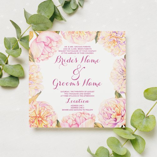 Summer pink yellow watercolor peony floral Wedding Invitation